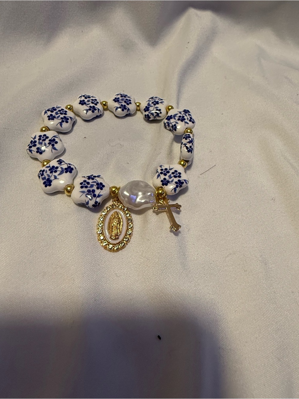Ceramic bracelet blue & white floral beads Virgin Mary metal charm and cross